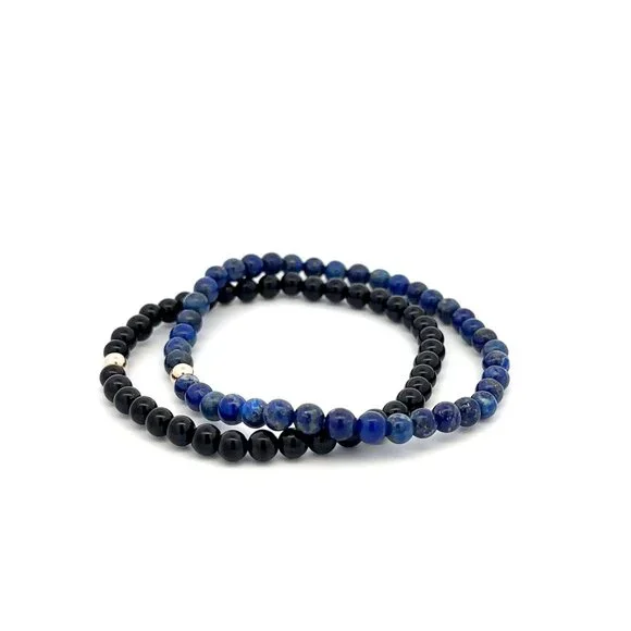 Onyx & Lapis Lazuli Gemstone Stretch Bracelet with 14K Gold Accent Bead Handmade - Picture 3 of 7